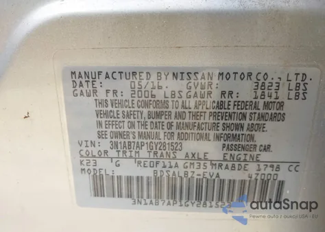 2016 Nissan Sentra Fe+ S/S/Sl/Sr/Sv z USA, uszkodzony, nr VIN 3N1AB7AP1GY281523